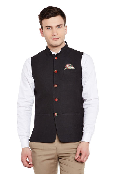 Linen Blend Black Nehru Jacket