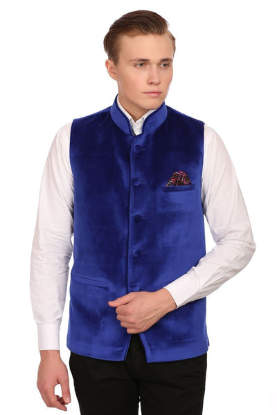 Dust Free Cotton Velvet Blue Nehru Jacket