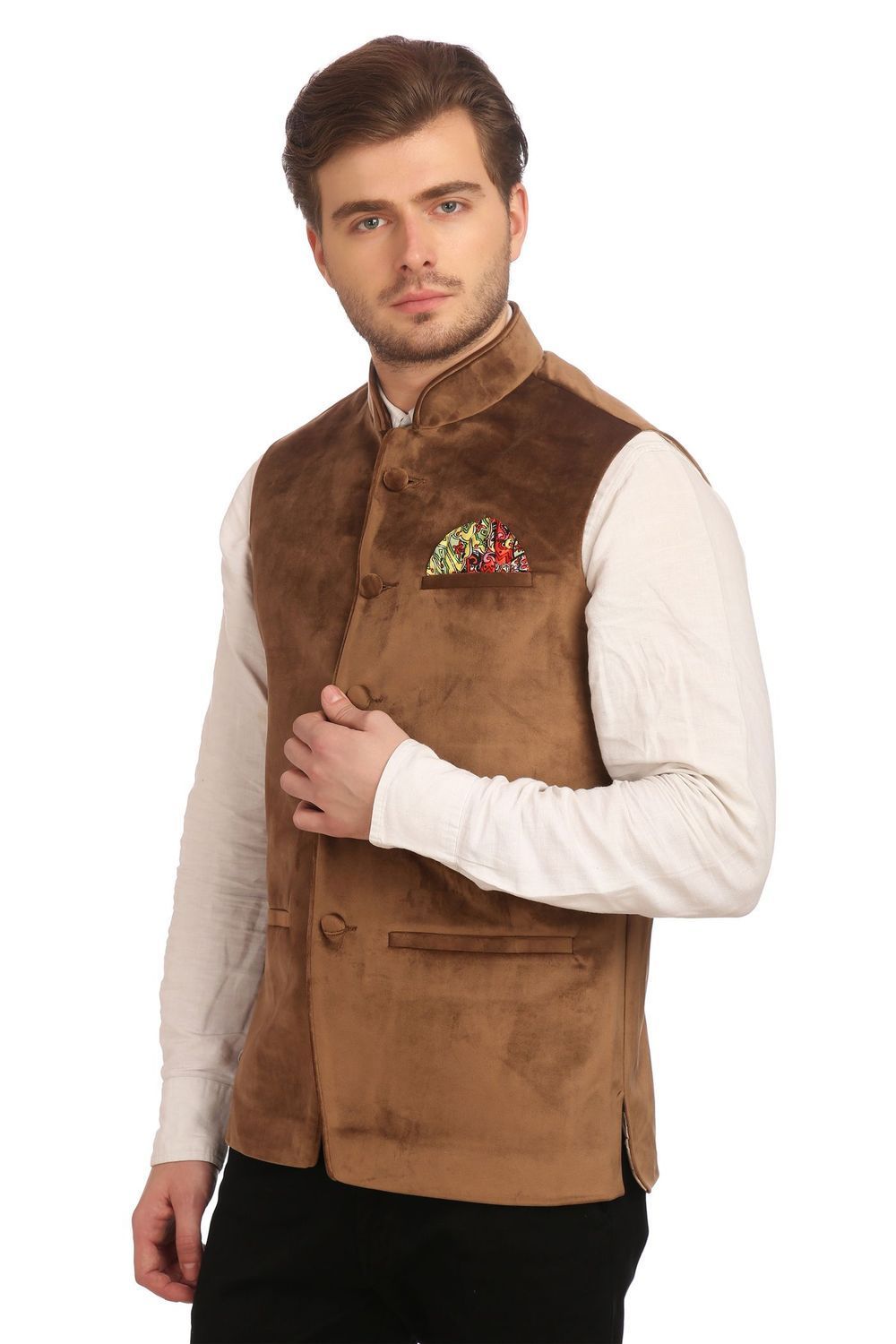 Wintage Men s Velvet Grandad Collar Party Camel Nehru Vest Waistcoat