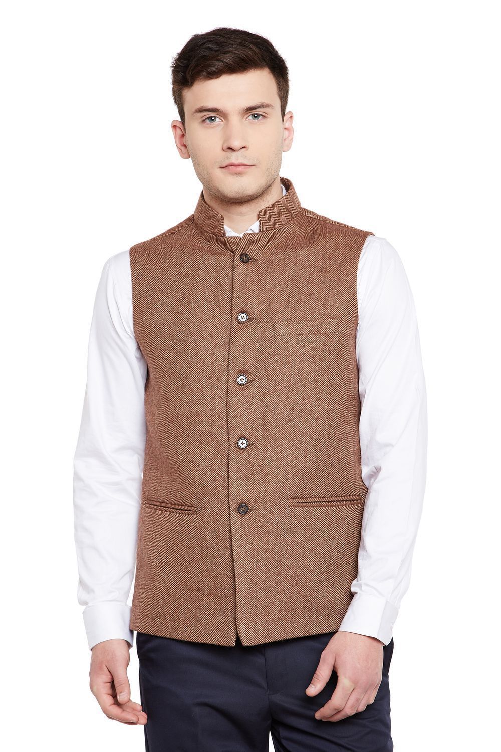 Tweed Wool Blend Brown Nehru Jacket