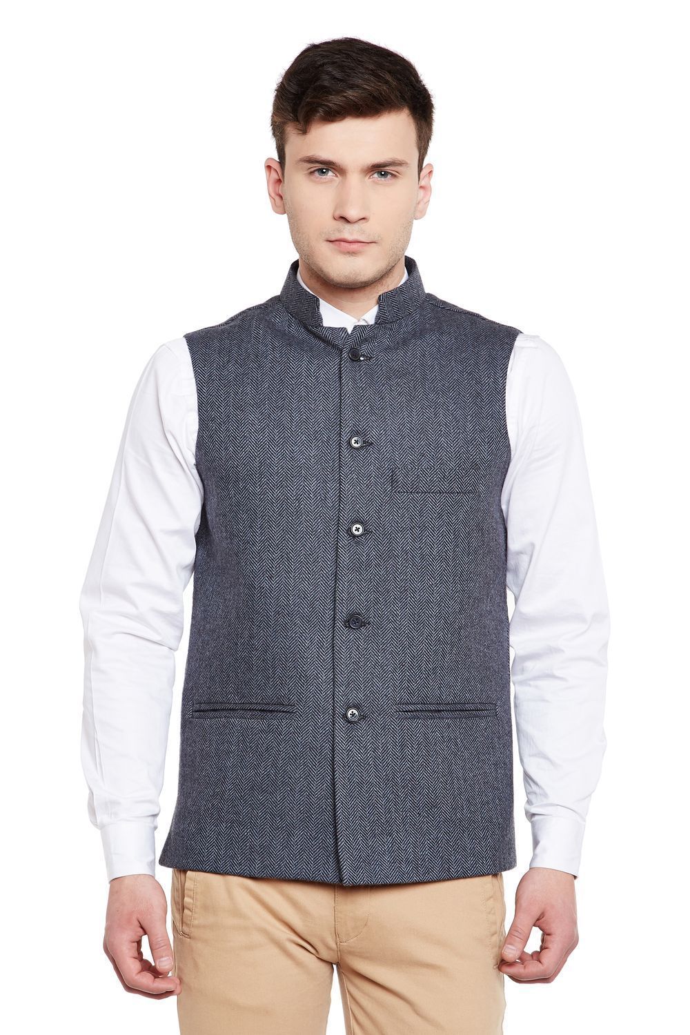 Tweed Wool Blend Blue Nehru Jacket