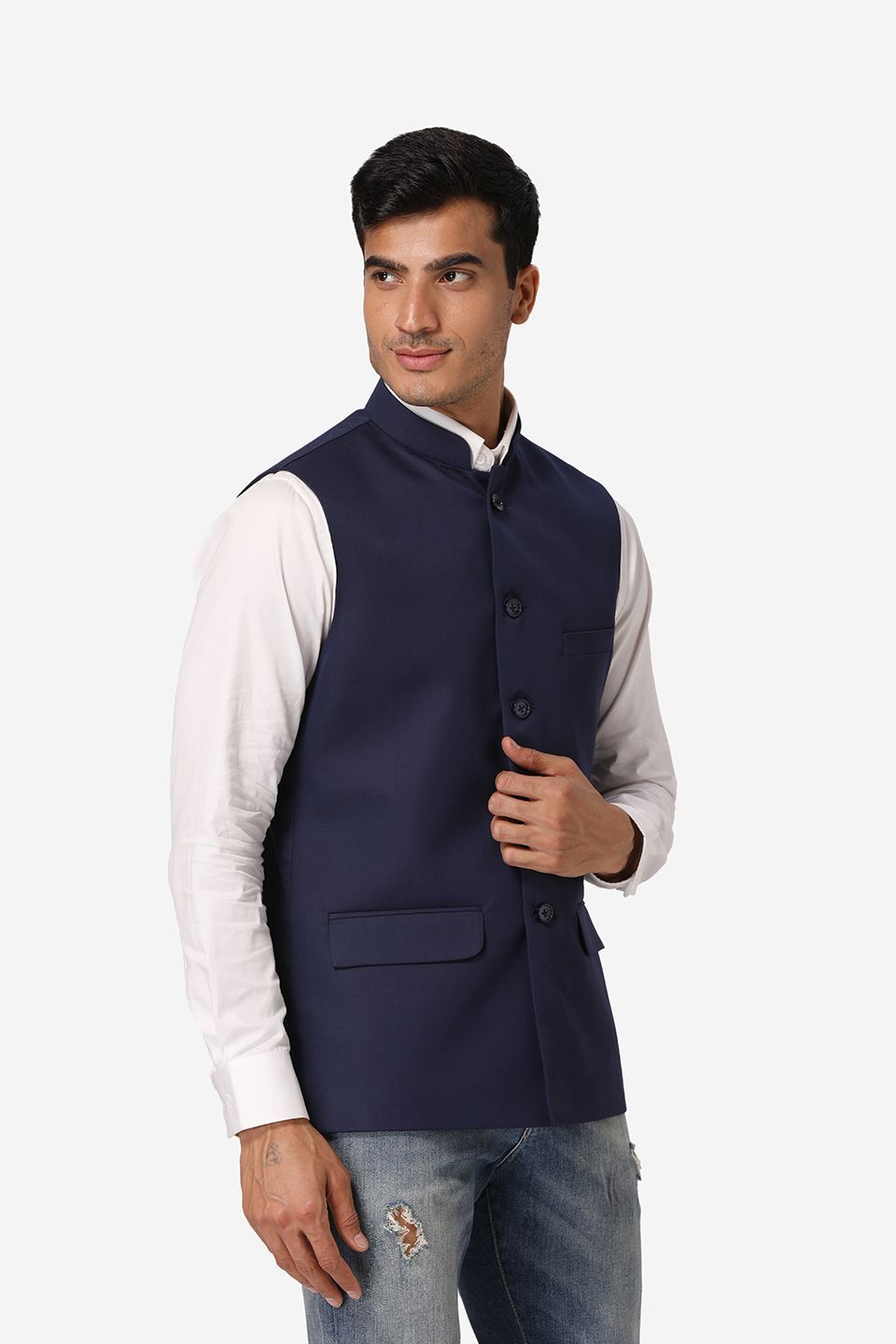 Navy blue waistcoat with jeans top