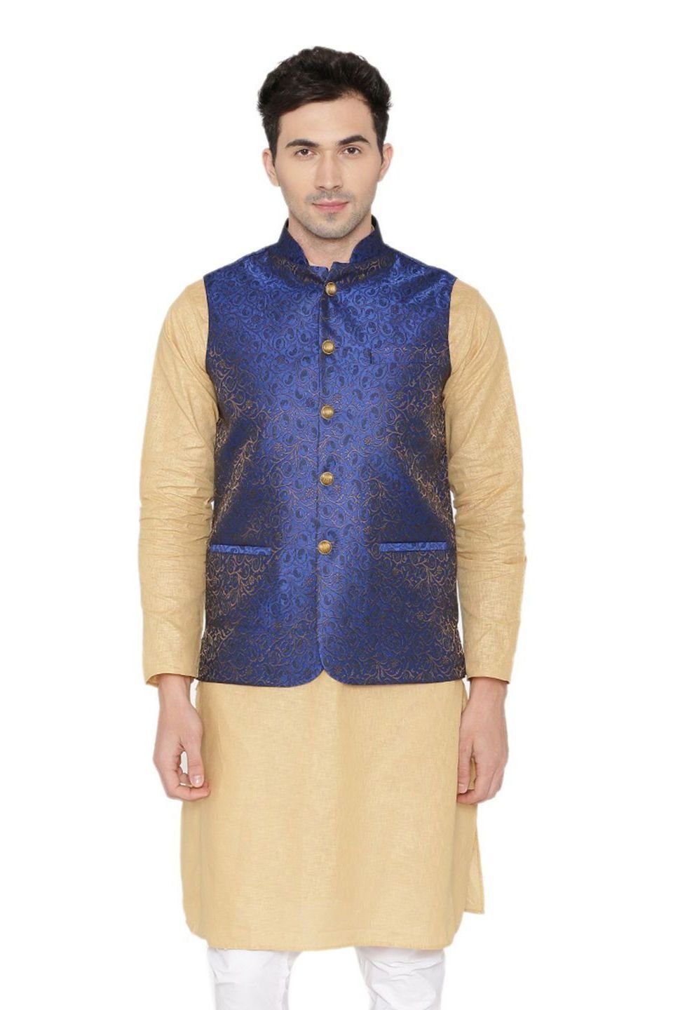 Banarasi Rayon Cotton Blue Nehru Jacket