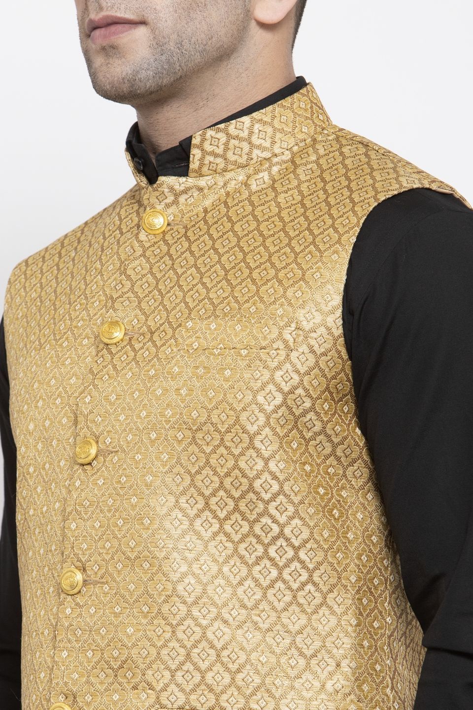 Wintage Men's Banarsi Rayon Cotton Bandhgala Festive Nehru Modi Jacket Waistcoat : Gold