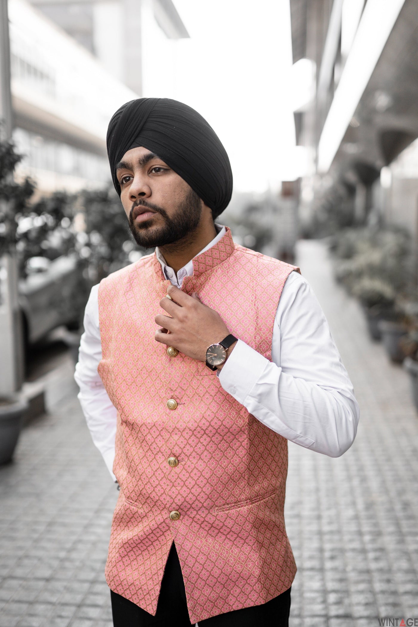 Banarasi Rayon Cotton Pink Modi Nehru Jacket