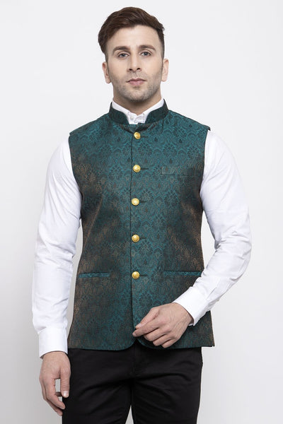 Wintage Men's Banarasi Rayon Cotton Bandhgala Festive Nehru Modi Jacket Waistcoat : Green