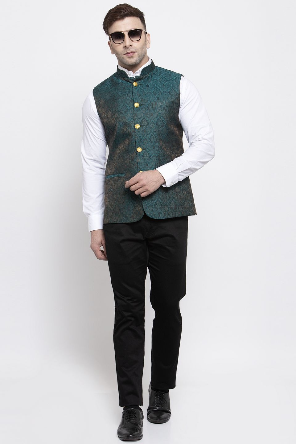 Wintage Men s Banarasi Rayon Cotton Bandhgala Festive Nehru Modi Jacket Waistcoat Green