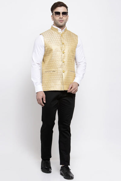 Wintage Men's Banarsi Rayon Cotton Bandhgala Festive Nehru Modi Jacket Waistcoat : Beige