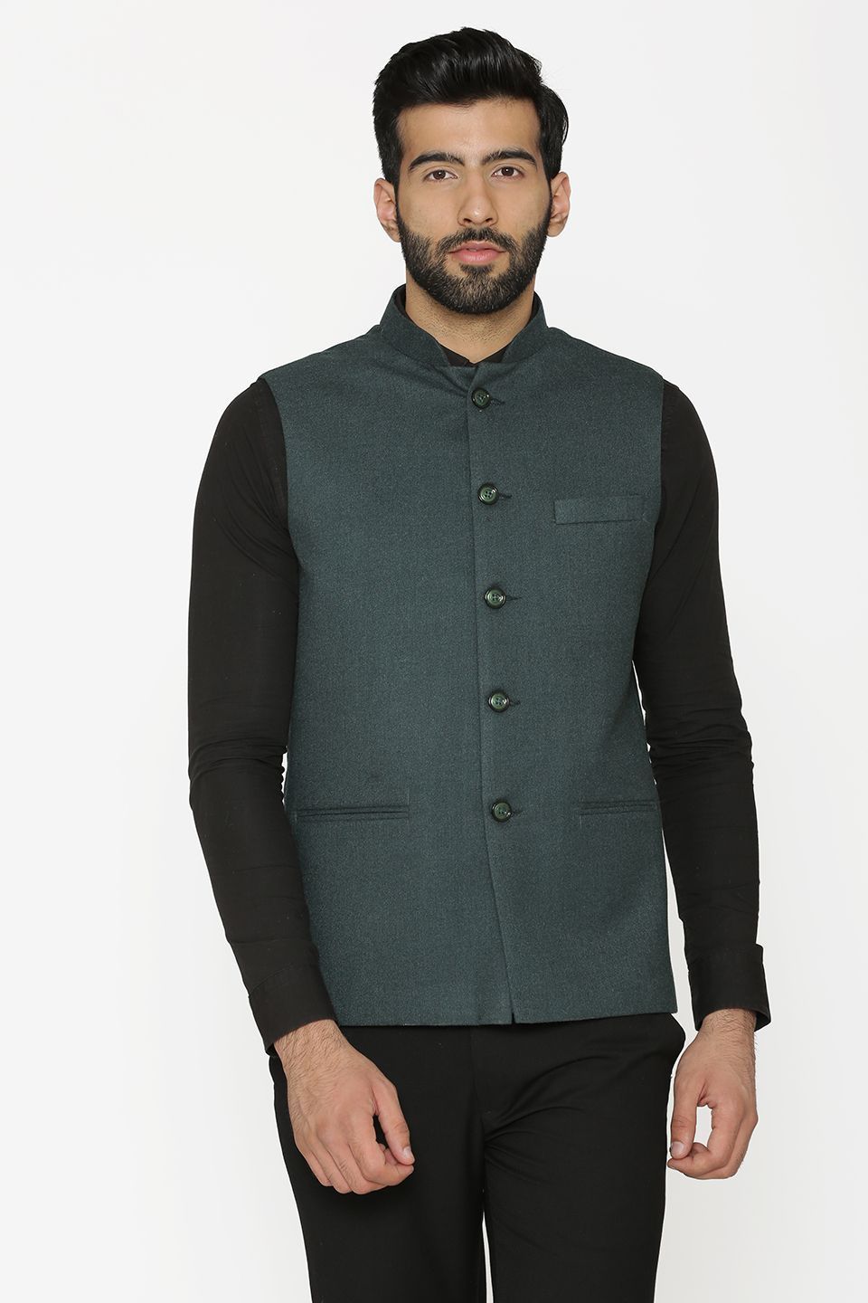 Tweed Wool Green Nehru Jacket