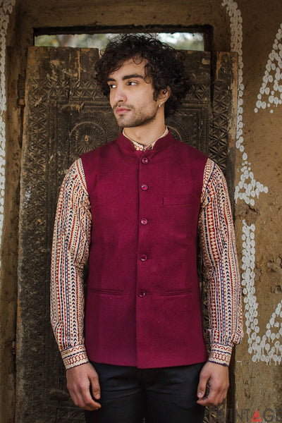Tweed Wool Red Modi Nehru Jacket