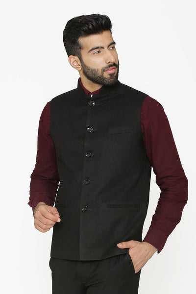 Tweed Wool Black Nehru Jacket