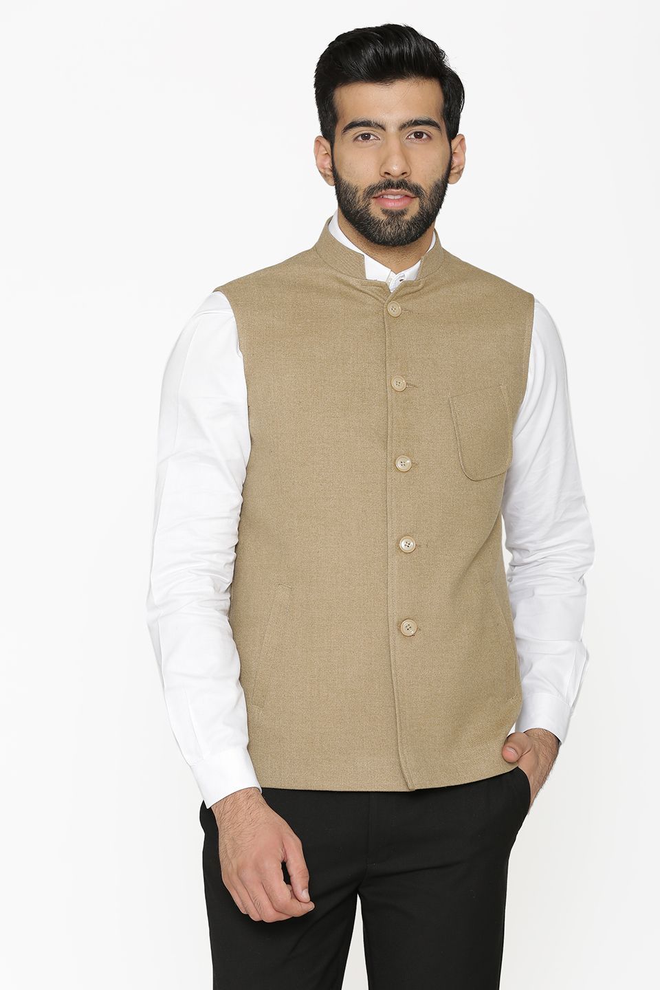 Tweed Wool Beige Nehru Jacket