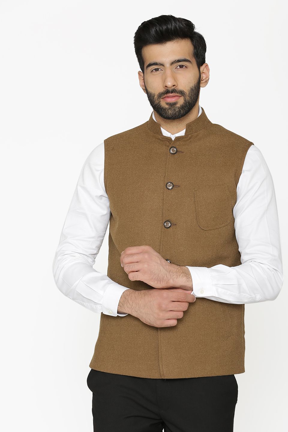 Tweed Wool Brown Nehru Jacket