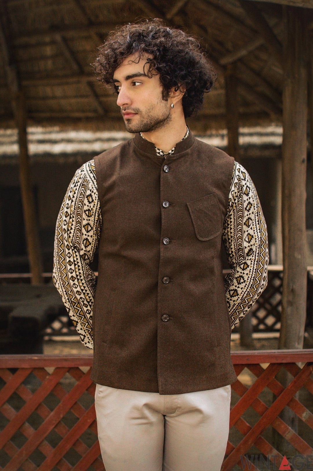 Wintage Men s Tweed Wool Festive and Casual Nehru Jacket Vest Waistcoat Brown