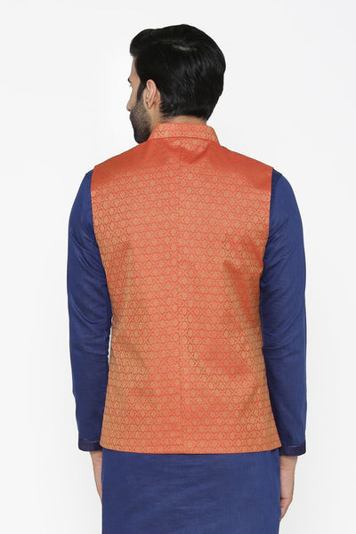 Banarasi Art Silk Cotton Blend Orange Nehru Jacket