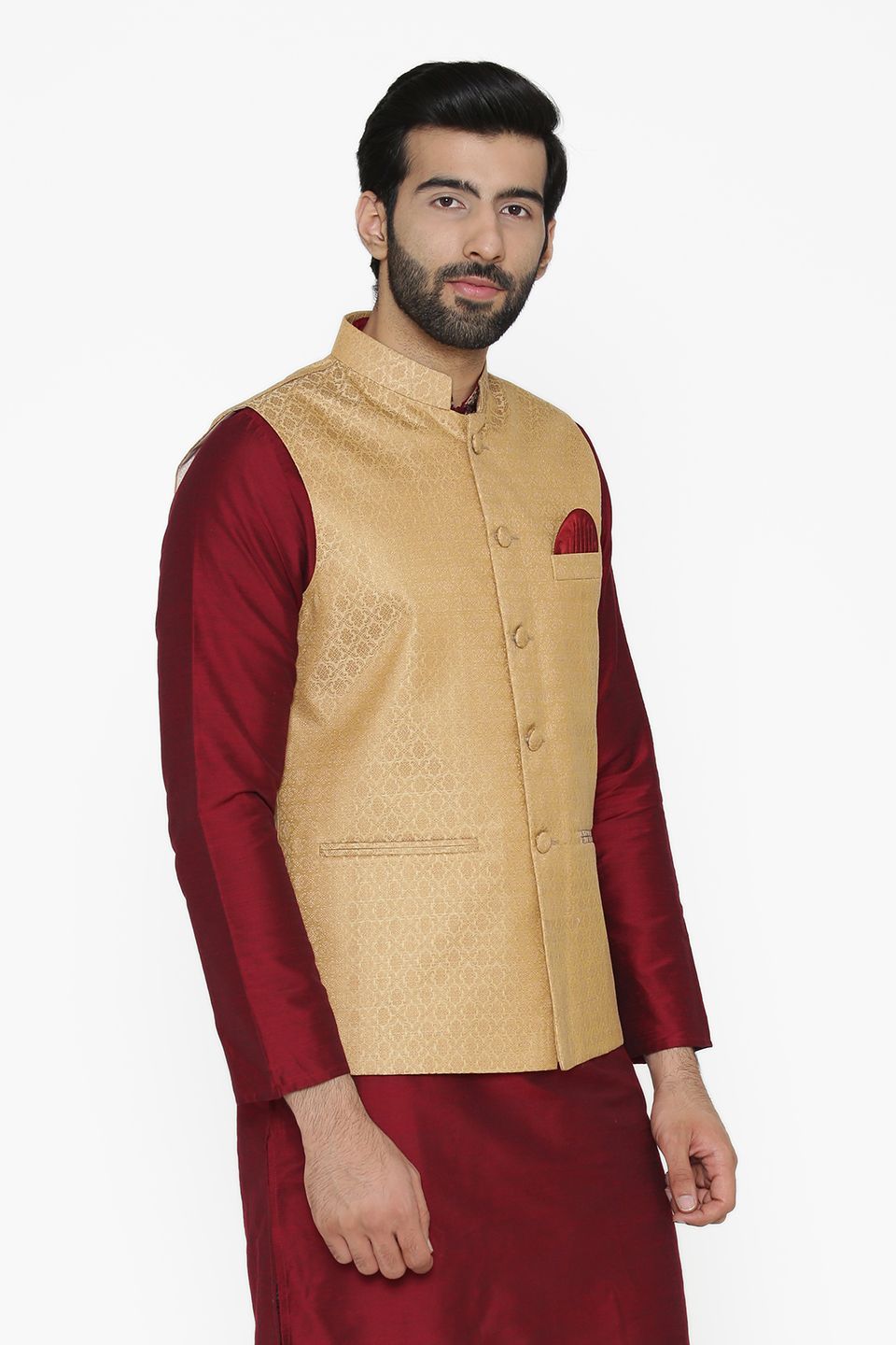Banarasi Art Silk Cotton Blend Gold Nehru Jacket
