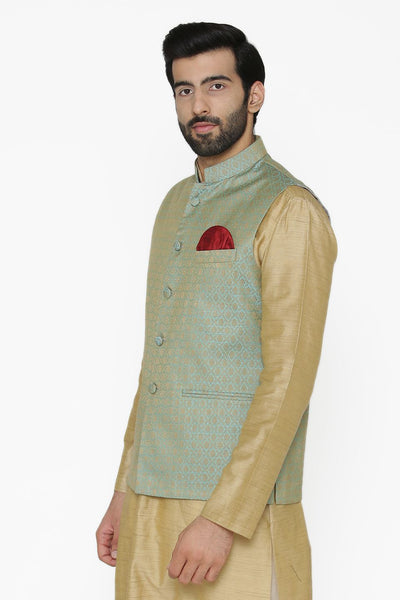 Banarasi Art Silk Cotton Blend Blue Nehru Jacket