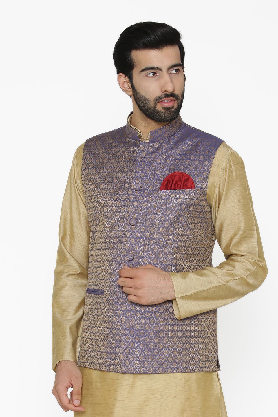 Banarasi Art Silk Cotton Blend Purple Nehru Jacket
