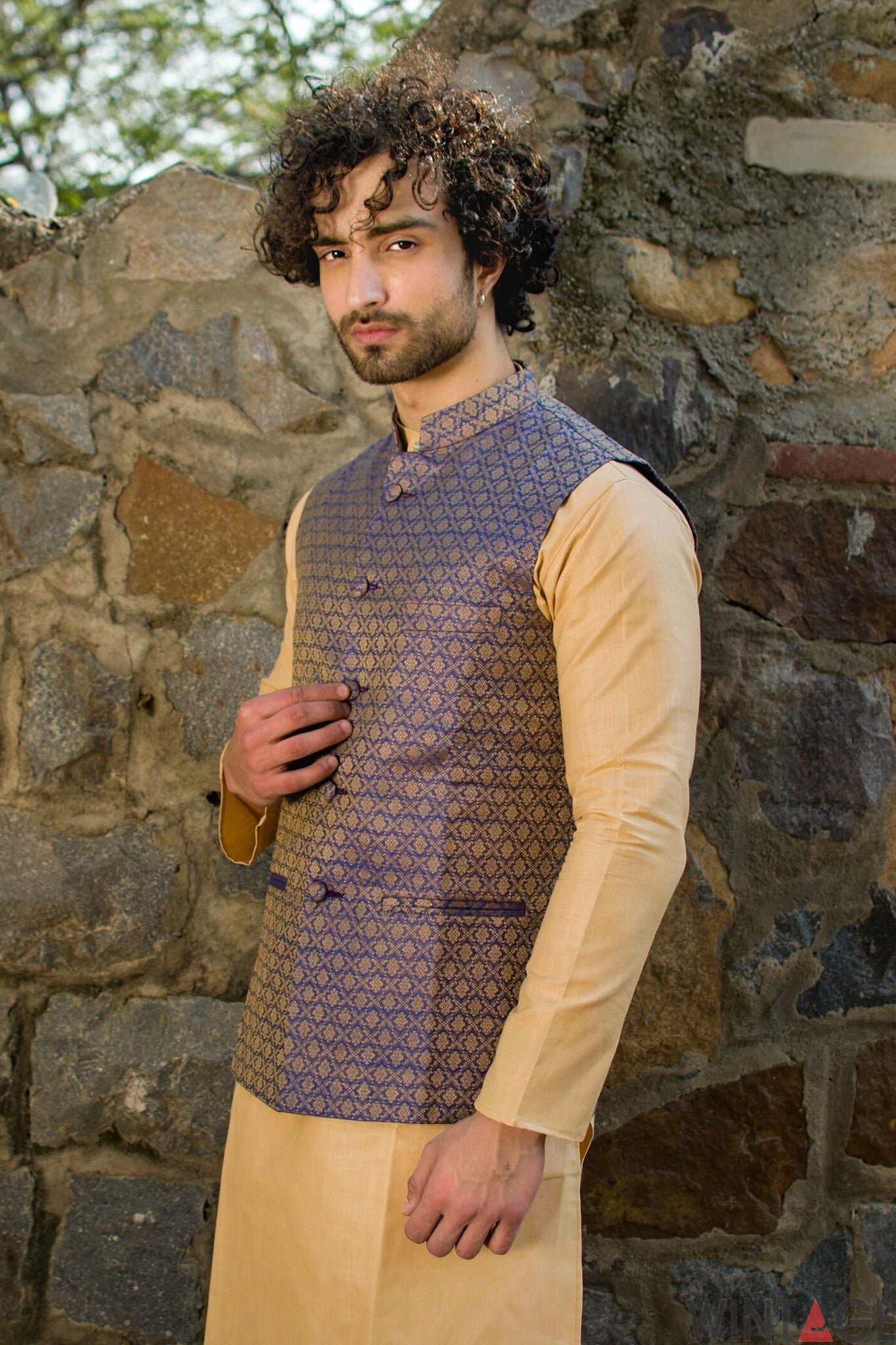 Banarasi Art Silk Cotton Blend Purple Modi Nehru Jacket