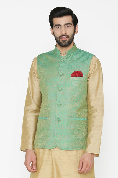 Banarasi Art Silk Cotton Blend Green Nehru Jacket