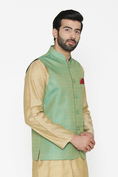 Banarasi Art Silk Cotton Blend Green Nehru Jacket