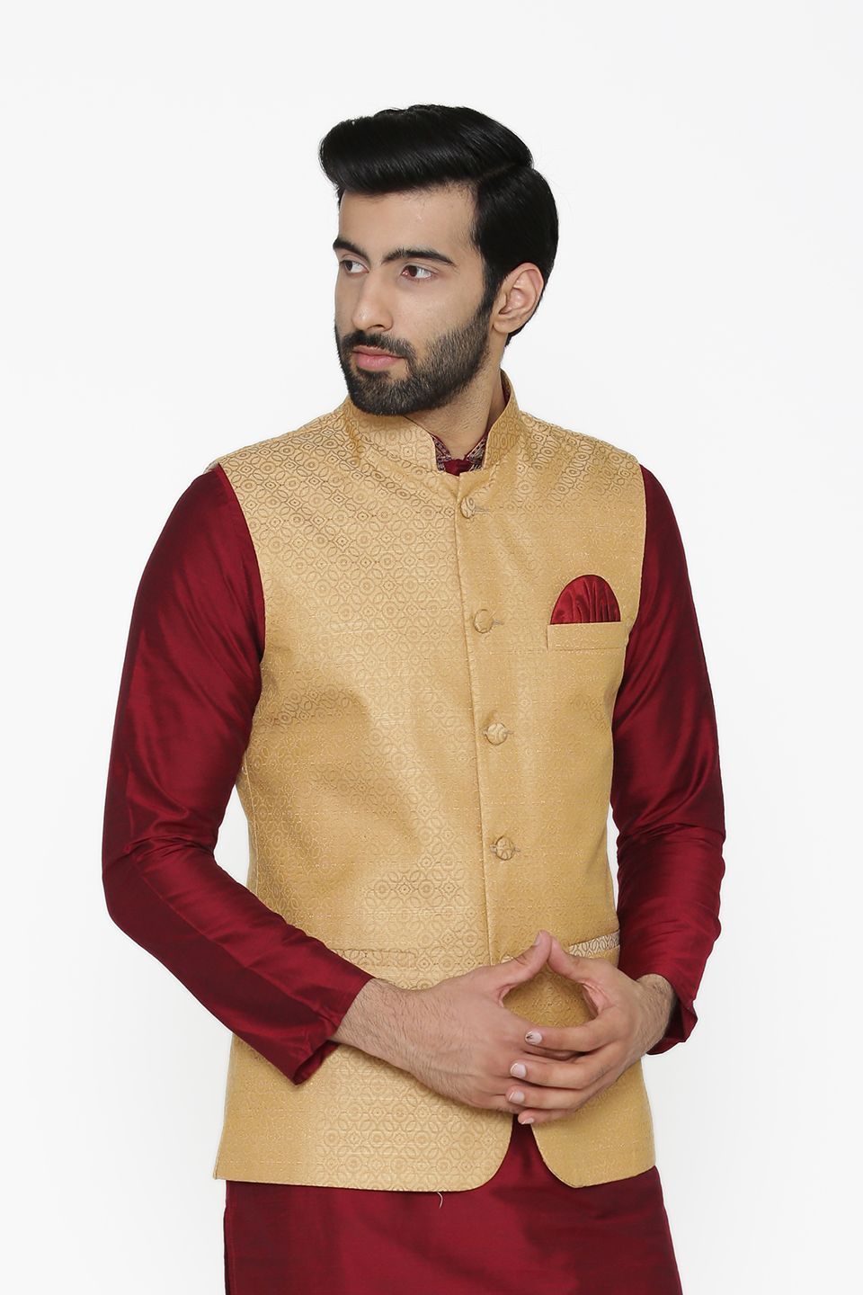 Banarasi Art Silk Cotton Blend Gold Nehru Jacket
