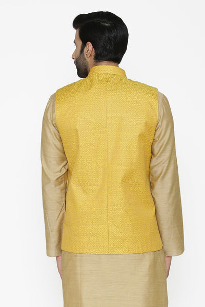 Banarasi Art Silk Cotton Blend Yellow Nehru Jacket
