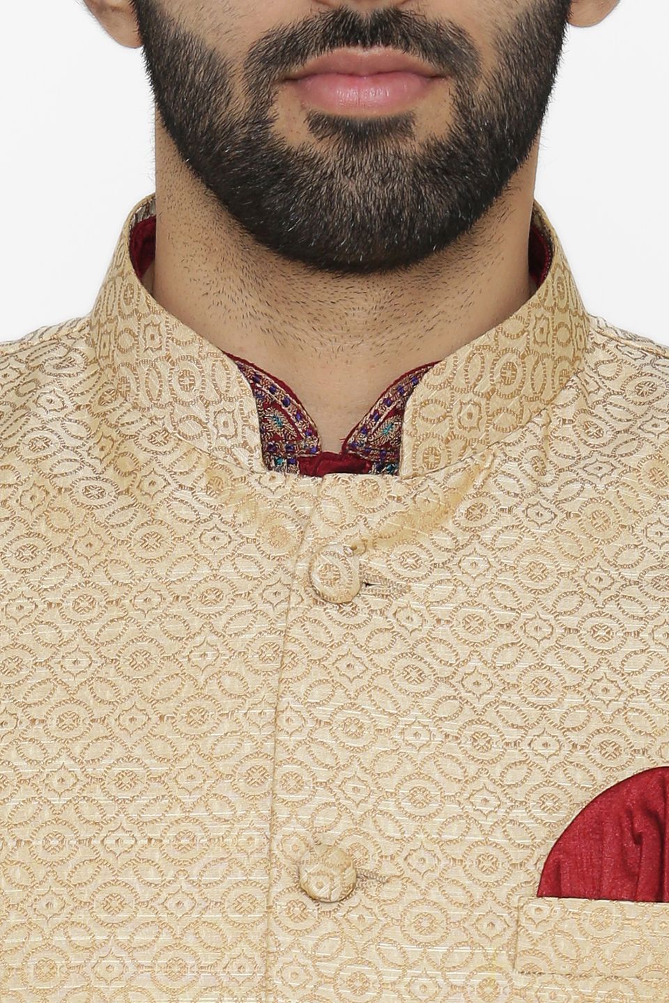 Banarasi Art Silk Cotton Blend Beige Nehru Jacket