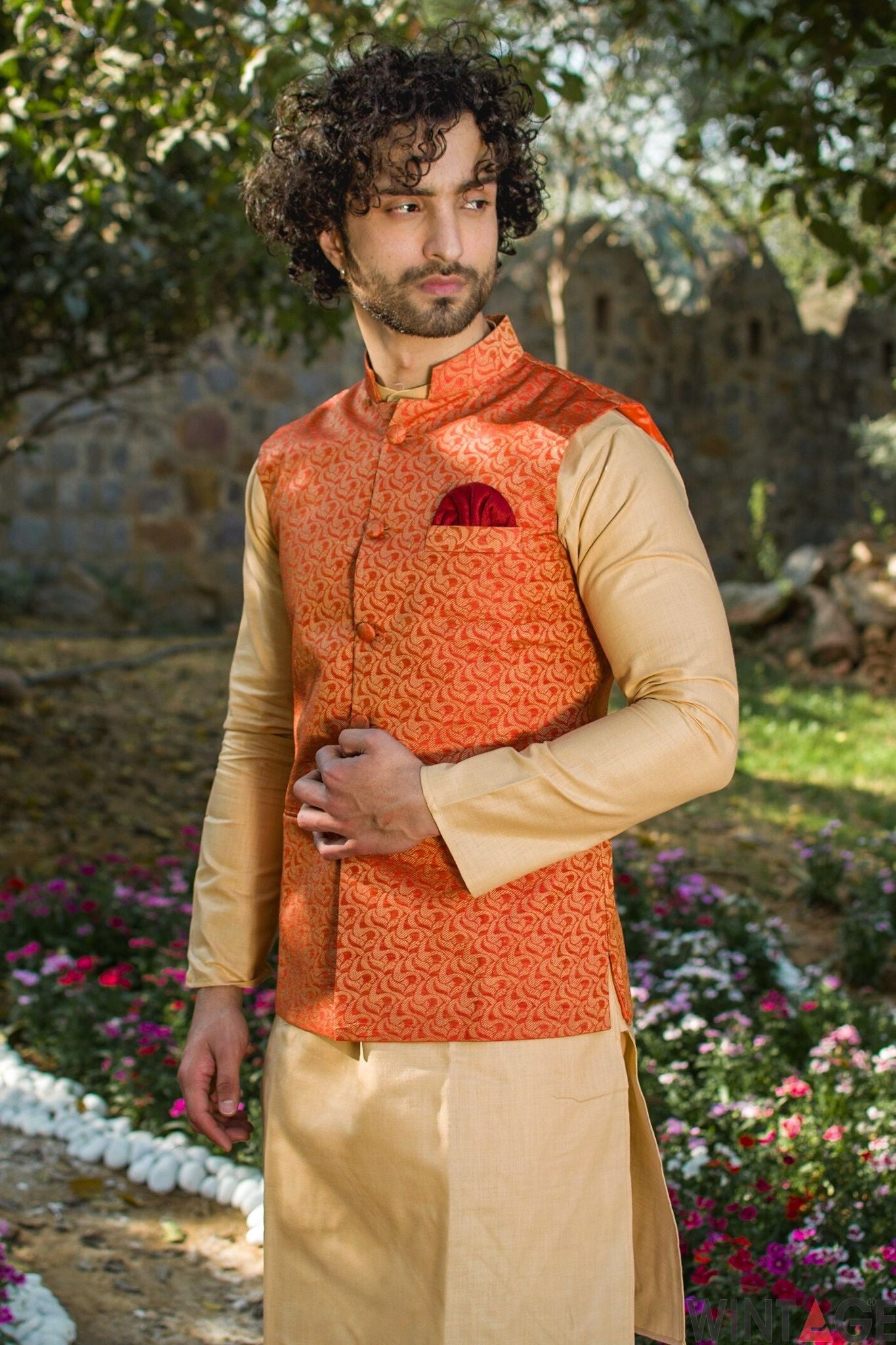 Banarasi Art Silk Cotton Blend Red Modi Nehru Jacket