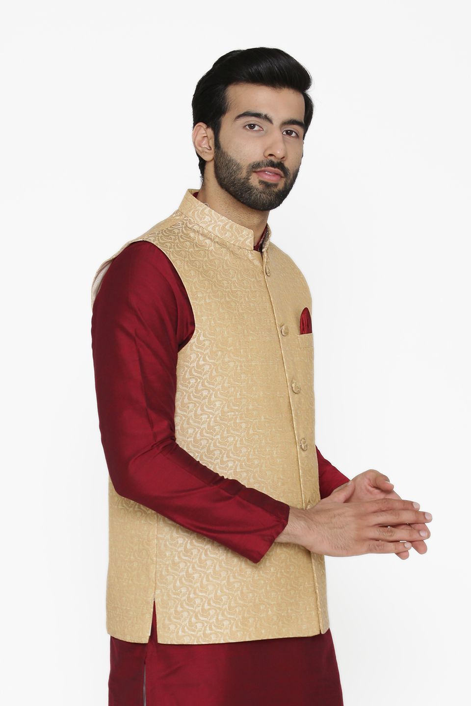 Banarasi Art Silk Cotton Blend White Nehru Jacket