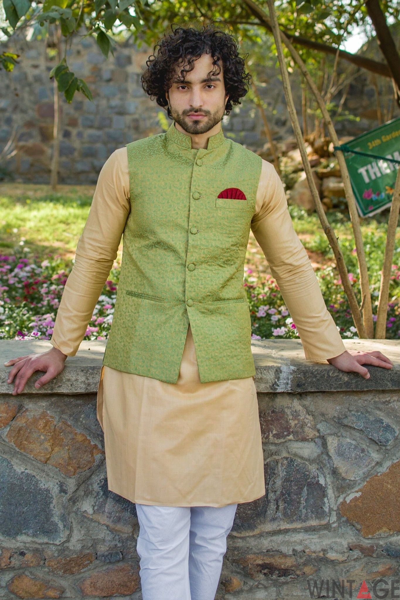 Banarasi Art Silk Cotton Blend Green Modi Nehru Jacket