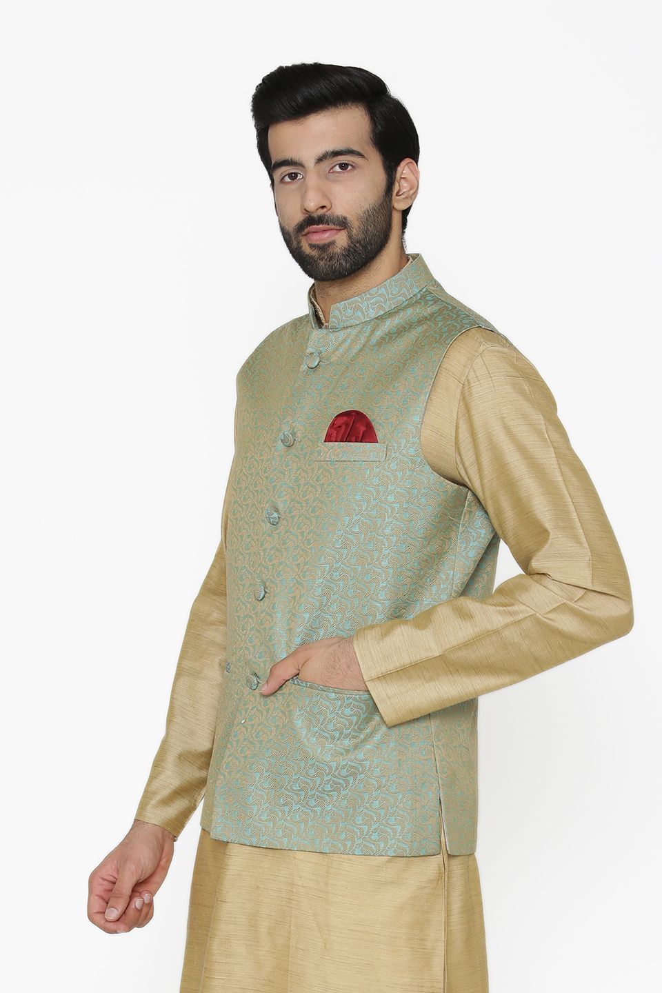 Banarasi Art Silk Cotton Blend Blue Nehru Jacket