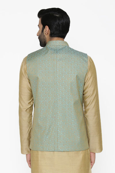 Banarasi Art Silk Cotton Blend Blue Modi Nehru Jacket