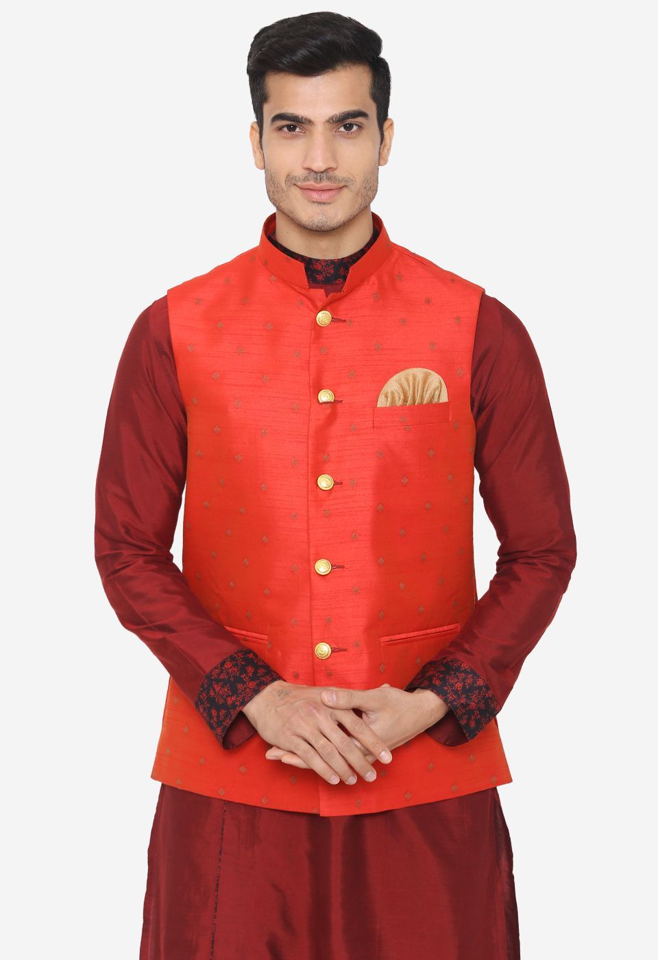 Banarasi Rayon Cotton Orange Nehru Modi Jacket