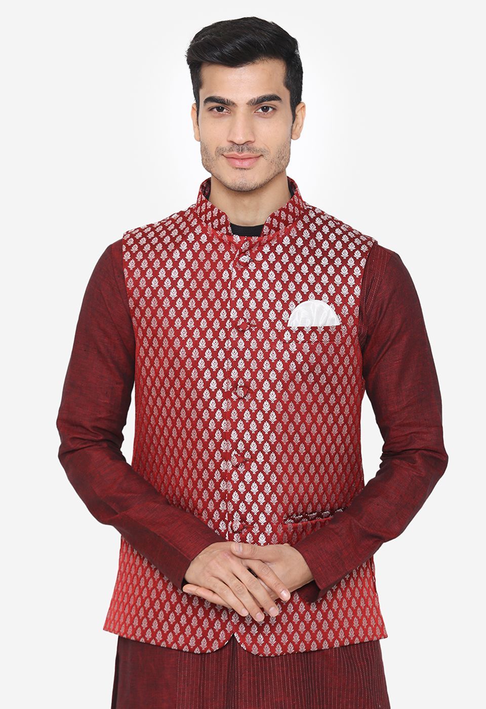 Banarasi Rayon Cotton Red Nehru Modi Jacket