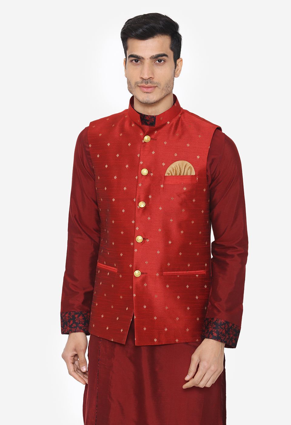 Banarasi Rayon Cotton Red Nehru Modi Jacket