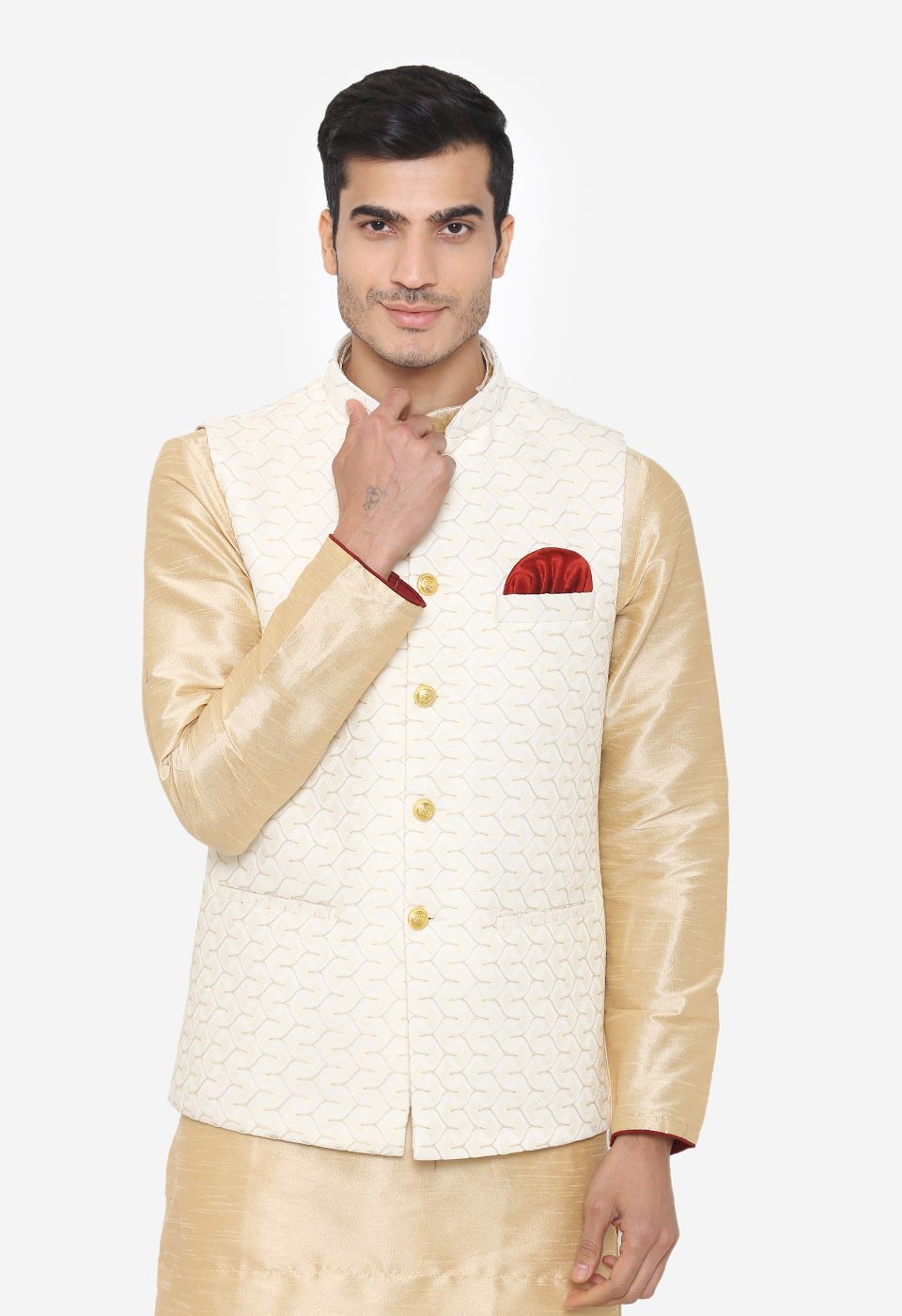 Banarasi Rayon Cotton White Nehru Modi Jacket