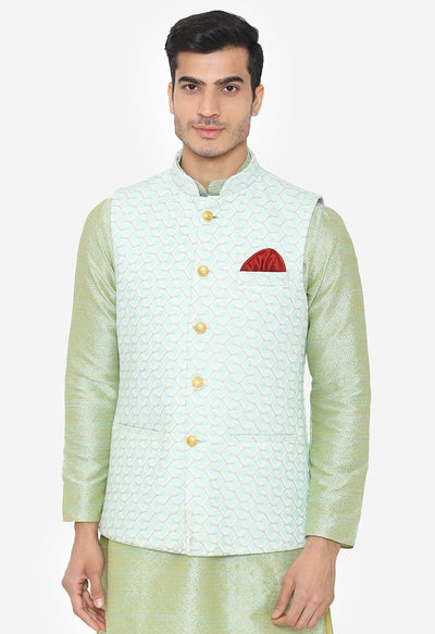 Banarasi Rayon Cotton Green Nehru Modi Jacket