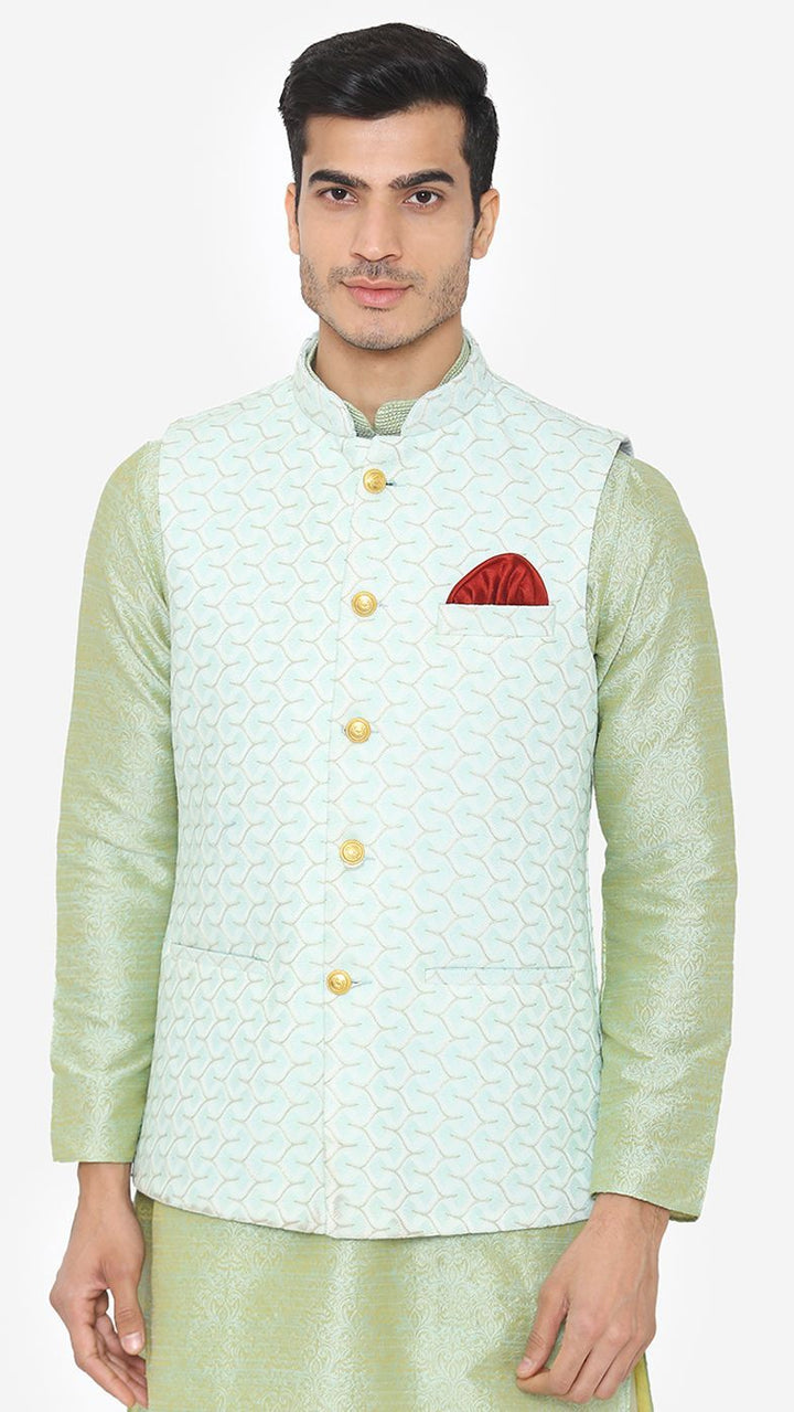 Bandi Nehru Jacket With Ethnic Wear Green Embroidery Design Silk