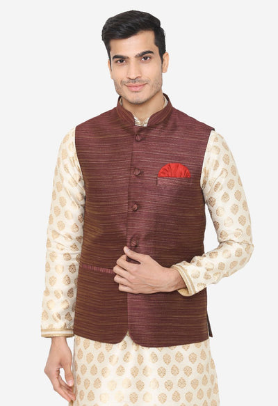 Banarasi Rayon Cotton Brown Nehru Modi Jacket