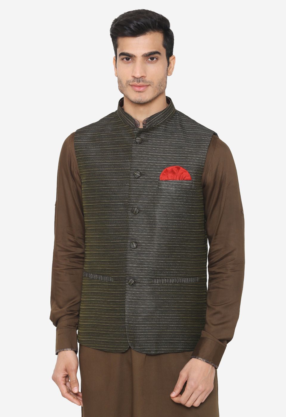 Banarasi Rayon Cotton Dark Green Nehru Modi Jacket