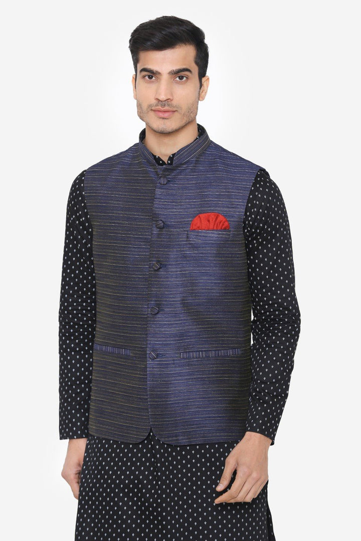 Wintage Men s Banarasi Rayon Cotton Bandhgala Jodhpuri Festive Nehru Modi Jacket Bandi Waistcoat Dark Blue