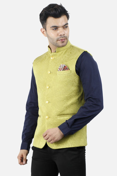 Jacquard Fabric Yellow Nehru Modi Jacket