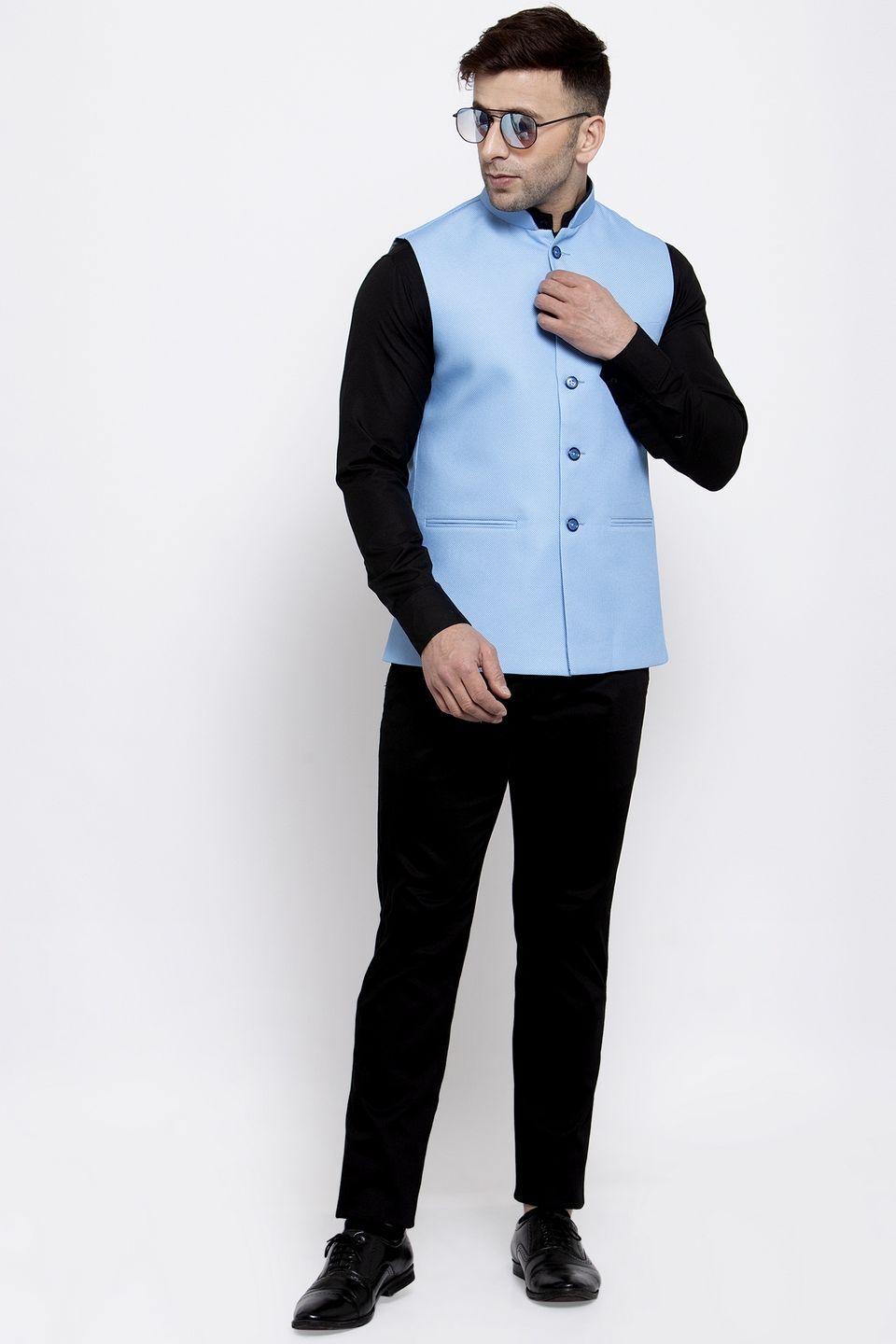 Black Vest Blue Pants Wintage Men's Poly Cotton Festive And Casual