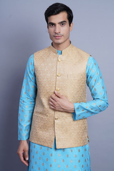 Wintage Men's Banarasi Rayon Cotton Bandhgala Festive Nehru Modi Jacket Waistcoat : Beige