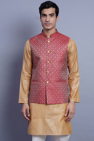 Wintage Men's Banarasi Rayon Cotton Bandhgala Festive Nehru Modi Jacket Waistcoat : Red