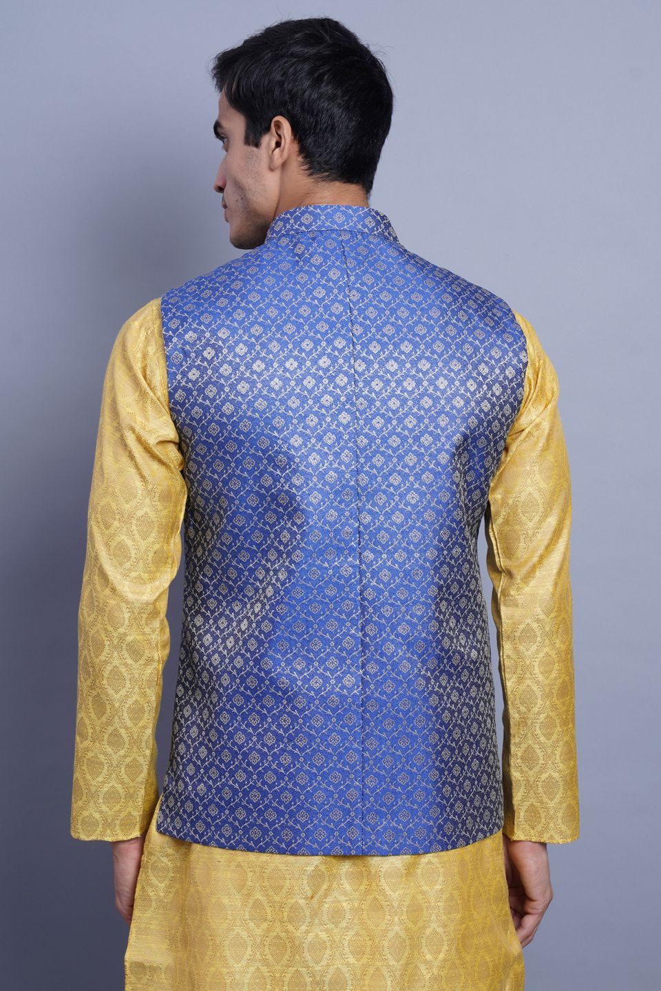 Wintage Men's Banarasi Rayon Cotton Bandhgala Festive Nehru Modi Jacket Waistcoat : Blue