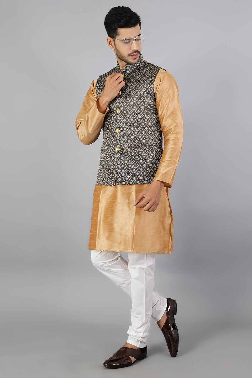 Banarasi Rayon Cotton Grey Modi Nehru Jacket