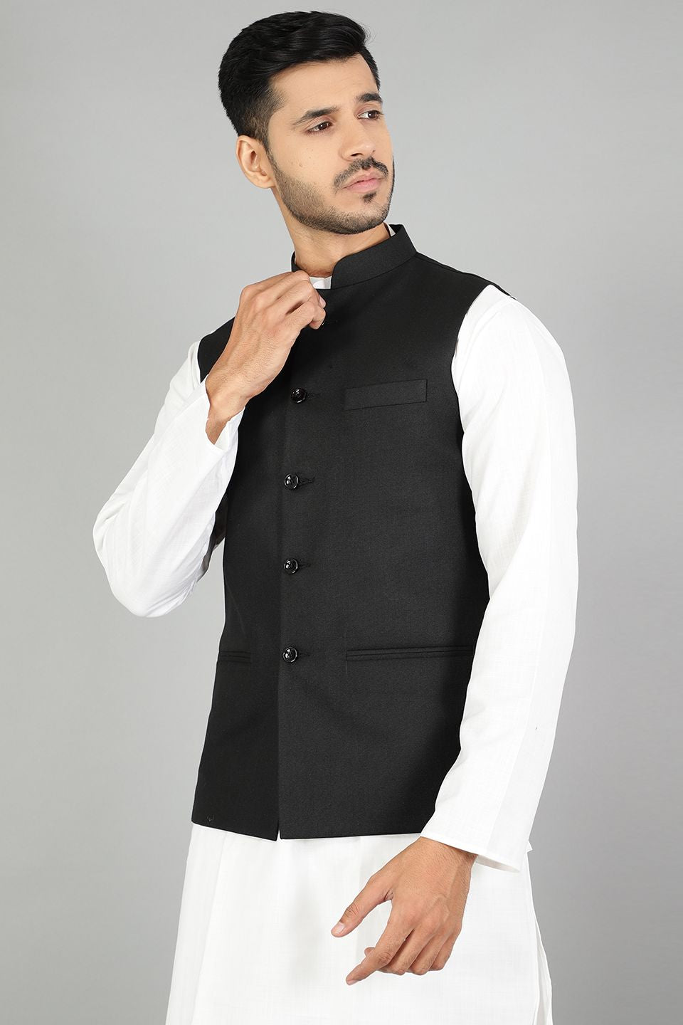 Buy Polyester Cotton Plain Black Modi Nehru Jacket From WINTAGE Online