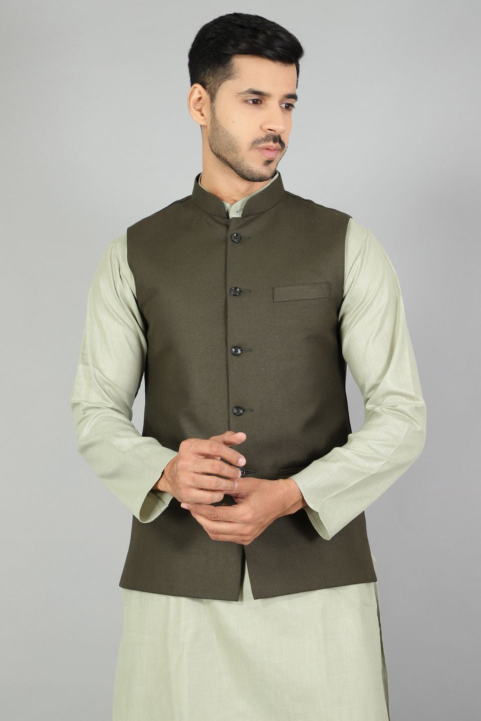Polyester Cotton Plain Green Modi Nehru Jacket